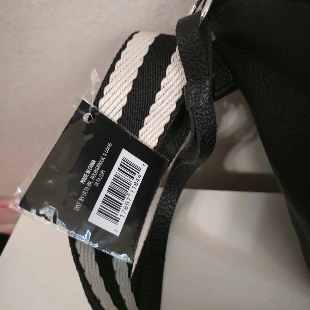Ulta Beauty Black Pebbled Faux Leather Belt Bag Striped Guitar Strap NWT